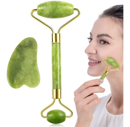 Kit Masajeador Facial Jade Rodillo +piedra Guasha-natural Co Verde