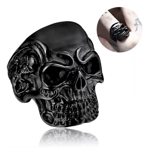 Anillo Color Negro Calavera Cráneo Acero Inoxidable Hombre