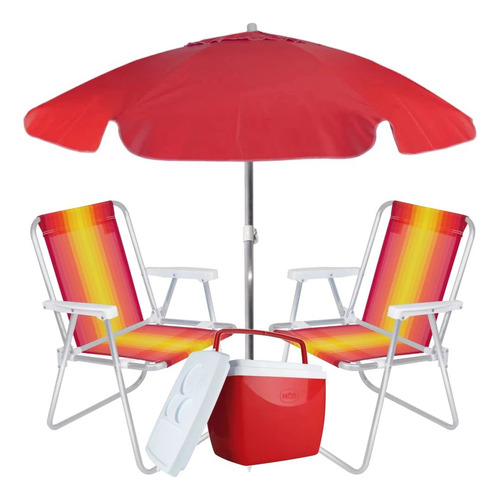 Kit C/ Guarda Sol Vermelho 1,60 M, Caixa Térmica, 2 Cadeiras