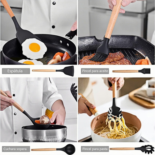 Juego De 12 Utensilios Cocina Silicona Con Espátula Madera Rojo