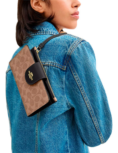 Cartera Celular Coach Phone Wallet Grafito Signatur Color Tan Black Diseño De La Tela Signature Canvas