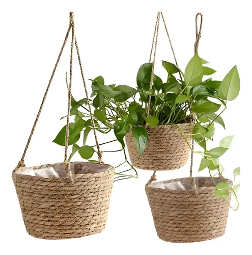 3 Cestos De Vaso De Palha Para Plantas Suspenso, Natural