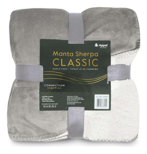 Manta Sherpa Classic Solteiro 150x210 - Appel - Cinza