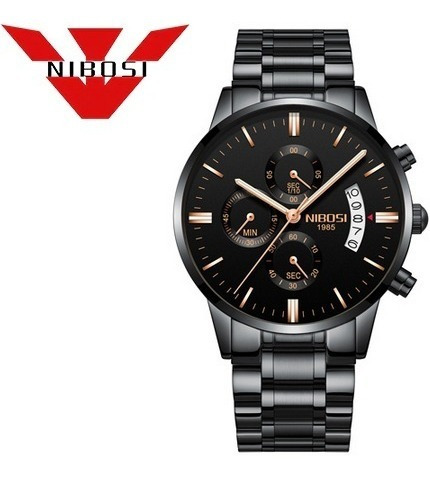 Relógio Nibosi Masculino 2309 Luxo Preto Rose Frete Grátis