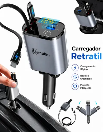Carregador Veicular Automotivo Retrátil Turbo 4 Em 1 Usb Tipo-c 120w Para Carros Caminhão Plug Acendedor Carga Rápida Com Display 12v