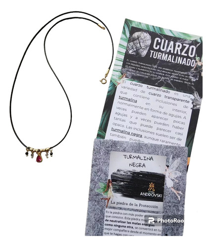 Collar Turmalina Negra + Cristal Rojo , Baño Oro ,protección