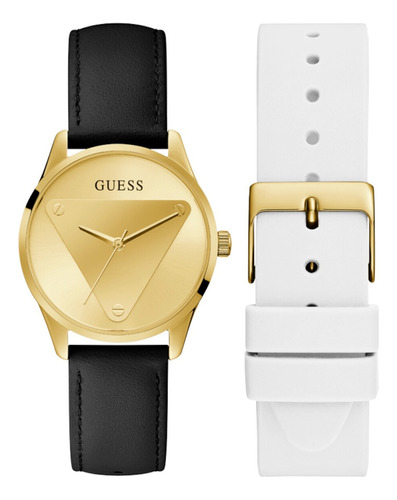 Reloj Para Mujer Guess Flash Correa Dorado/negro Bisel Oro/rosa Fondo Beige