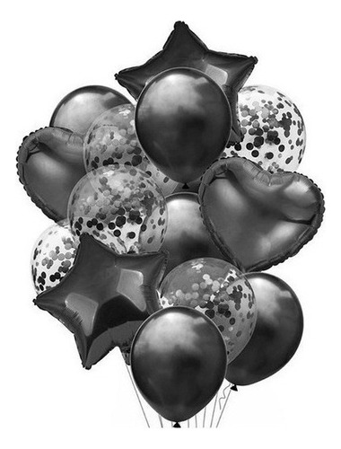 Set De 14 Globos Con Corazones Y Estrellas 45cm Color Negro