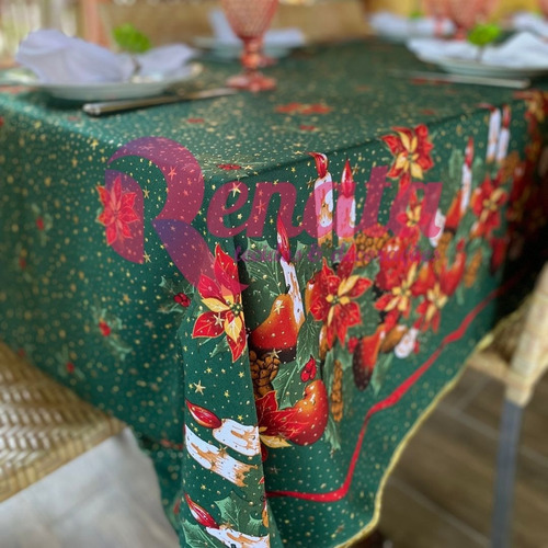 Toalha De Mesa Natal Natalina 12 Lugares Gliter Víes Dourado Cor Green Merry