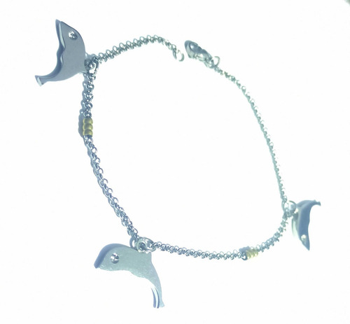 Imagen 2 de 7 de Pulsera Acero Y Oro 3 Delfines Roló Grabado Garantía