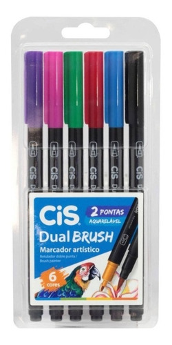  Marcador Cis Dual Brush Pen 6 Cores Básicas Pincel 