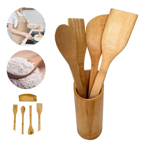 Kit Cozinha 5 Peças Bambu Utensílios Garfo Colher Espátula