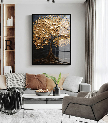 Quadro Decorativo Moderno Arvore Gold Com Moldura E Vidro