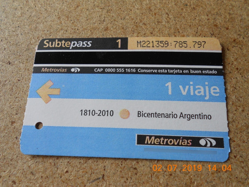 Boleto Subtepass - Bicentenario 2010 - Usado - 1 Viaje -