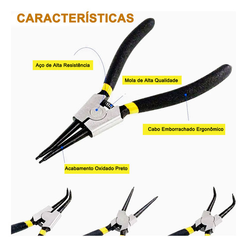 Kit 4 Alicates Para Anéis 7 Pol. Interno Externo Reto Curvo