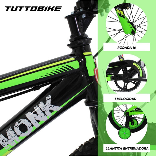Bicicleta Para Niño Rodada 16 1 Velocidad Monk Bose Cross Color Verde