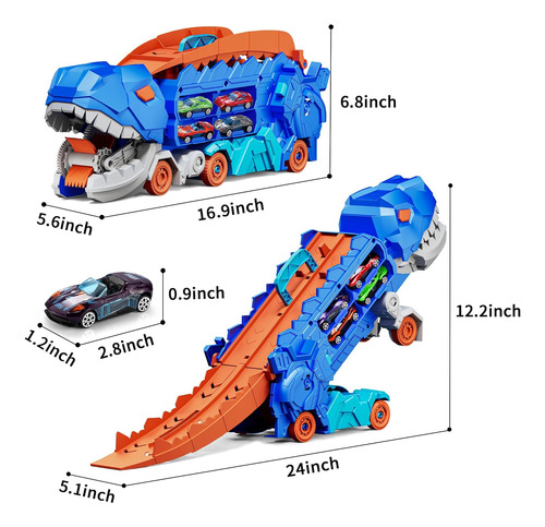 Camión Dinosaurio, Comedor De Coches Y Pista Con 4 Autos