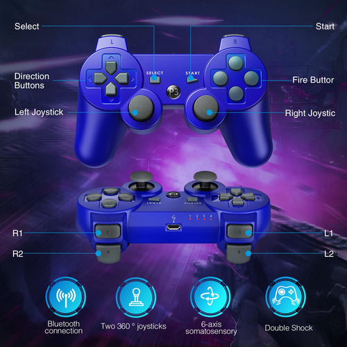 Controlador Inalámbrico Ps3 Joystick Batería Recargable Azul