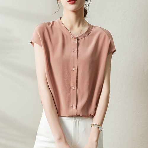 Top De Manga Corta Con Botones Con Cuello En V De Color Liso