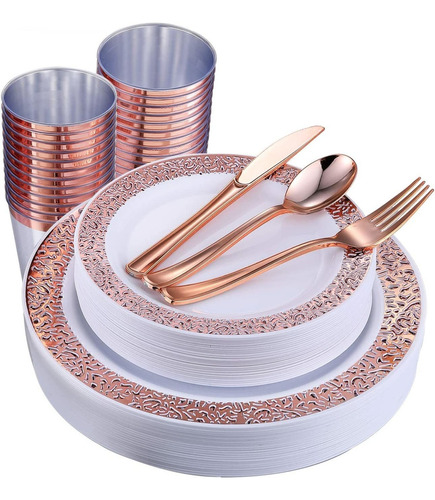 150 Piece Rose Gold Dinnerware Set Elegant Lace Disposable P