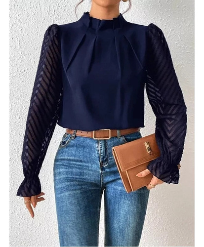 Camisa De Gasa Para Mujer Con Cuello Medio Alto Y Mangas