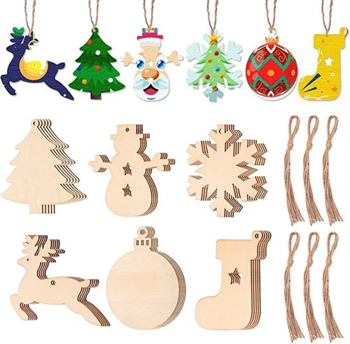 30 Pcs Unfinished Wooden Ornaments For Crafts, 6 Styles Chr.