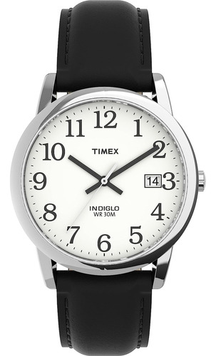 Reloj Timex T2h281 Men's Easy Reader Date Fecha De Cuero Color De La Correa Negro Color Del Bisel Plateado Color Del Fondo Blanco