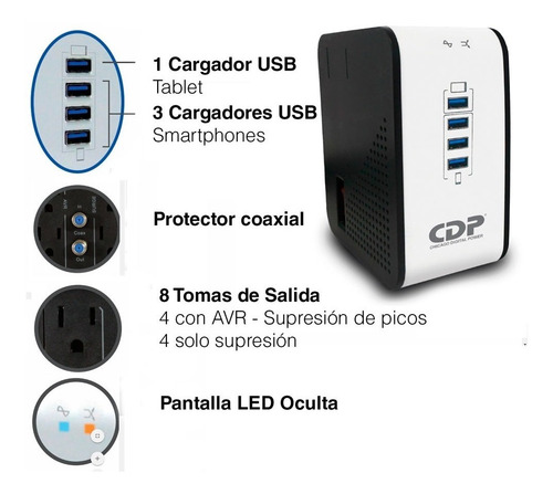 Imagen 5 de 5 de Regulador 1000va/400w 8 Tomas R2cu-avr1008 Cdp Puertos Usb