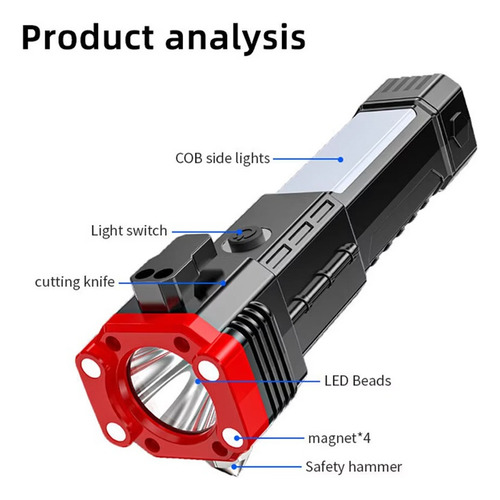 Linterna Led De Carga Usb, Luz Lateral Cob Con Martillo De S