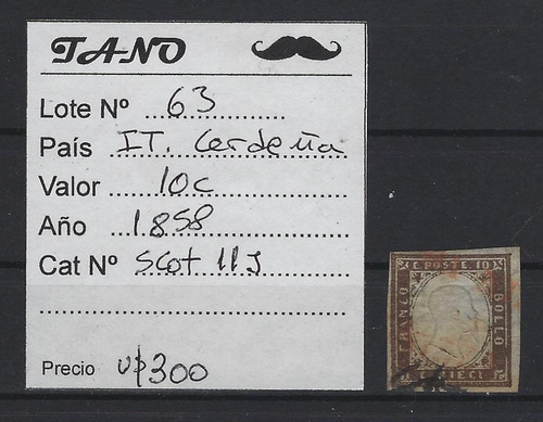 Lote63 Italia Cerdeña 10 Centesimi Año 1858 Scott#11 J  Raro