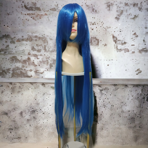 Peluca Azul Neutro Electrico Larga Lisa Con Fleco Cosplay L.