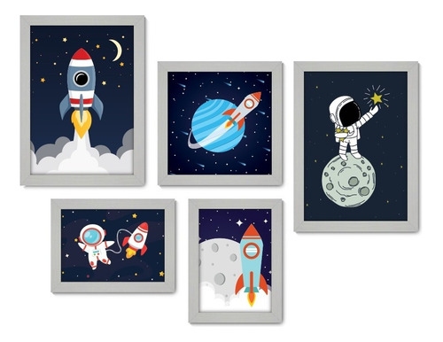 Kit Com 5 Quadros Decorativos - Foguete Astronauta Infantil Cor Moldura Branca