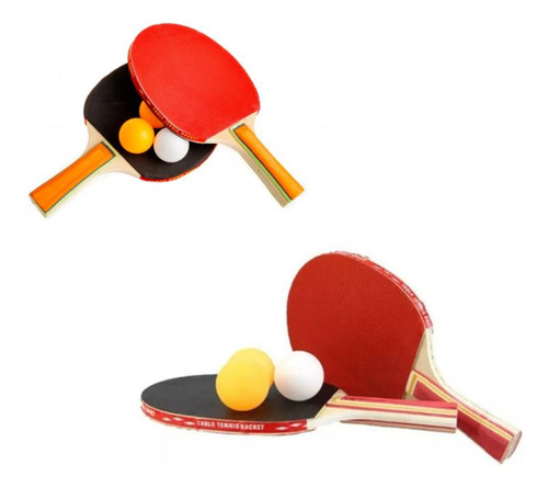 Par De  Paletas De Ping Pong Madera Bicolor + 3 Pelotas