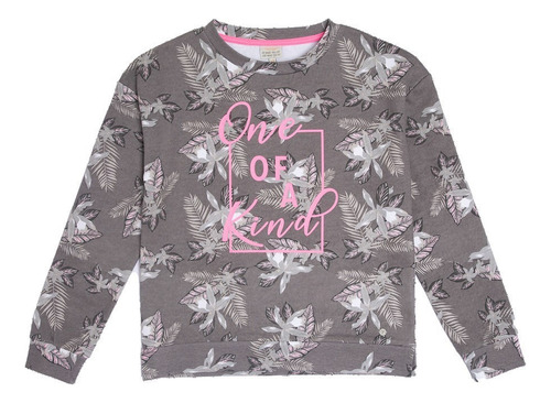 Poleron Crew Full Print Flores Tropicales Gris Pillin
