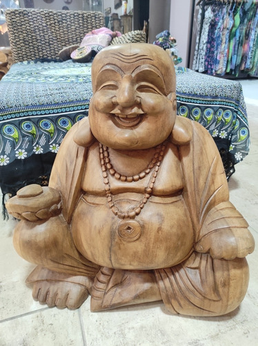 Imagen 3 de 6 de Buda Madera Sonriente Feng Shui Artesanal 50 Cm Bali