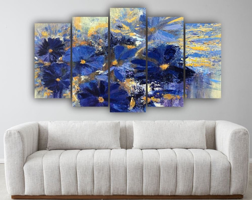 Set De 5 Cuadros Decorativo Flores Azules Abstracto Arte 07