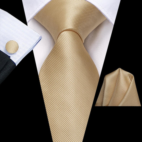 B3713 Seda | Corbata Pañuelo Gemelos | Dorado Champagne