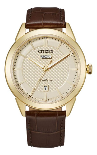 Citizen Rolan Eco-drive Reloj Para Hombre, 40 Mm, Aw0092-07q Correa Marrón Bisel Dorado Fondo Beige