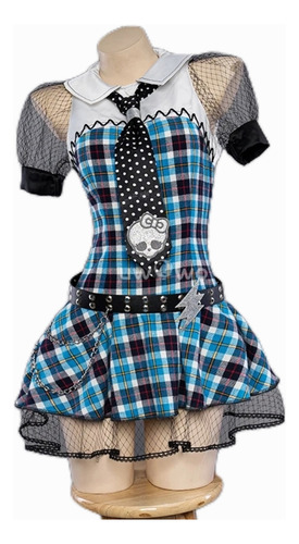 Fantasia Frankie Stein Monster High Cosplay Xadrez Azul