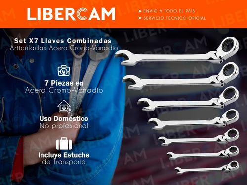 Imagen 3 de 10 de Set X7 Llaves Criquet Combinadas Estriada Articuladas Acero