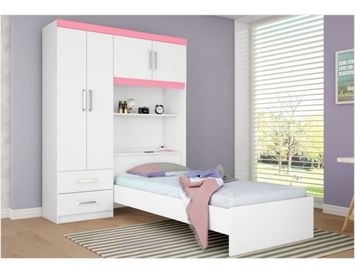 Guarda Roupa 04 Portas Com Cama Dueto Branco/rosa - Demóbile