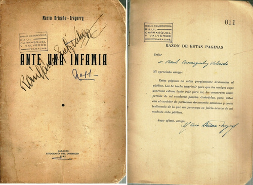 Mario Briceño Iragorry Ante Una Infamia Firmado Caracas 1945