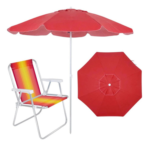 Kit Guarda Sol Vermelho 2 M + 1 Cadeira De Praia / Aluminio