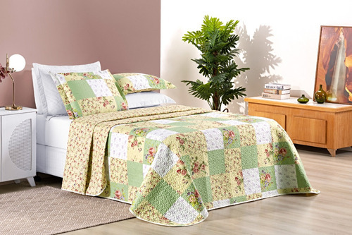 Cobre Leito Colcha King Dupla Face Estampado 3 Peças Cor Patchwork Verde