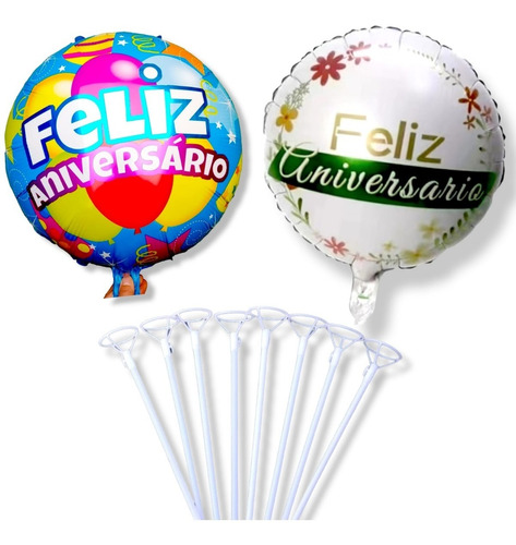 Pack 12 Globos Feliz Aniversario Tamaño 45 Cm Con Varas 