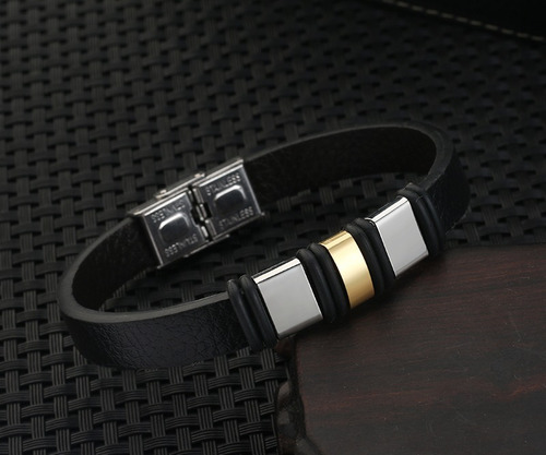Manilla Pulsera Brazalete Acero Inoxidable Cuero Para Hombre