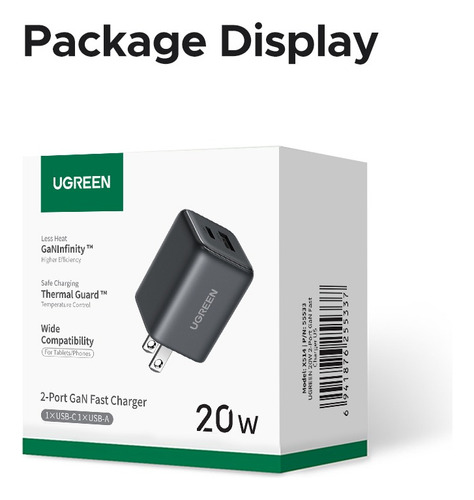 Cargador Ugreen 20w Gan Pd3.0 Mini Usb-c,usb-a Iphone Y Mas Celeste