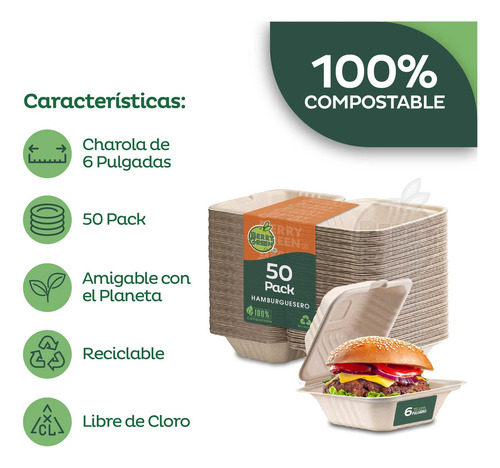 Berry Green 50 Hamburgueseros Contenedores Compostables Para Alimentos, Material de Alta Calidad, Resistente a Líquidos, Ecológico, Hecho de Fibras de Caña de Azúcar de 15 x 15 x 7.5 cm (6 Pulgadas)