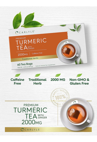 Té De Cúrcuma Con Jengibre | 60 Bolsitas De Té | Sin Cafeína