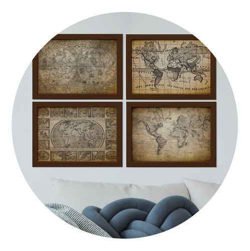 Quadros Mapas Antigos Vintage Moldura Marrom 33x43cm Kit 4un